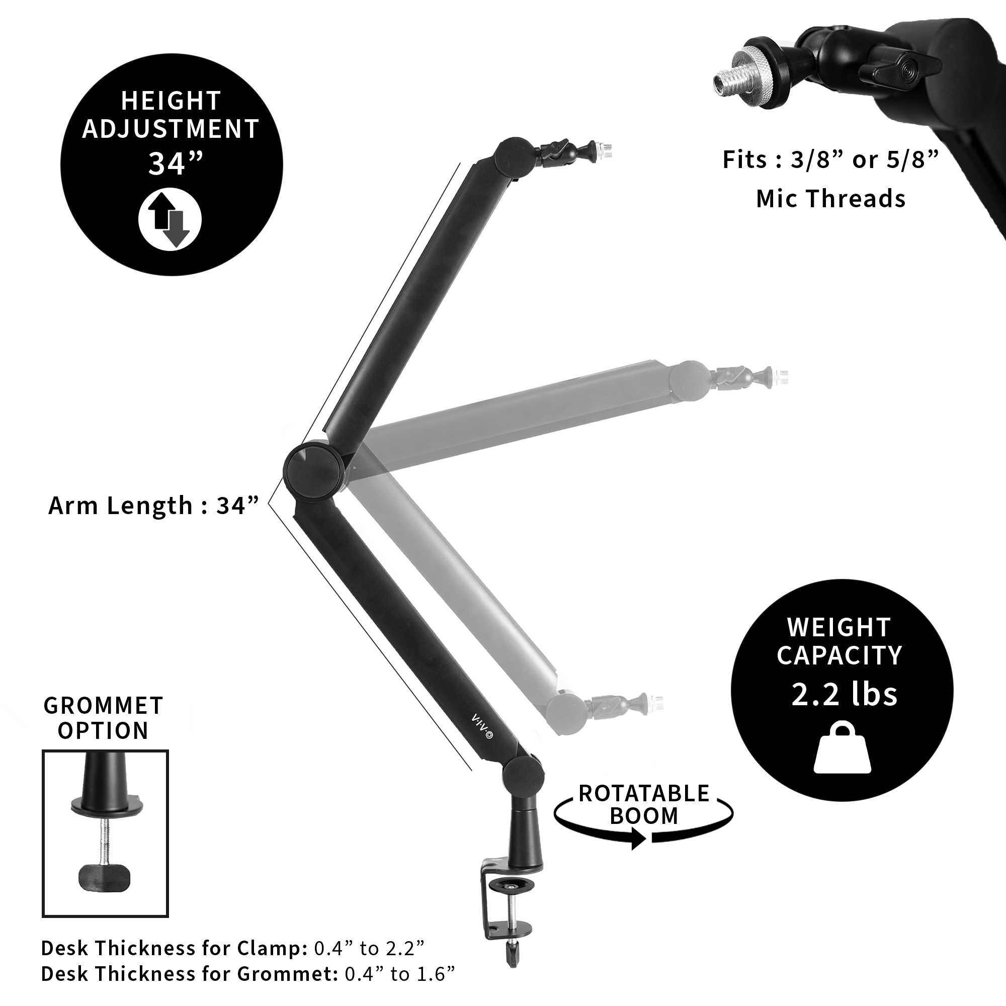 VIVO Premium Clamp-on Microphone Boom Arm Stand, Heavy Duty Desk Mount - image 2 of 6