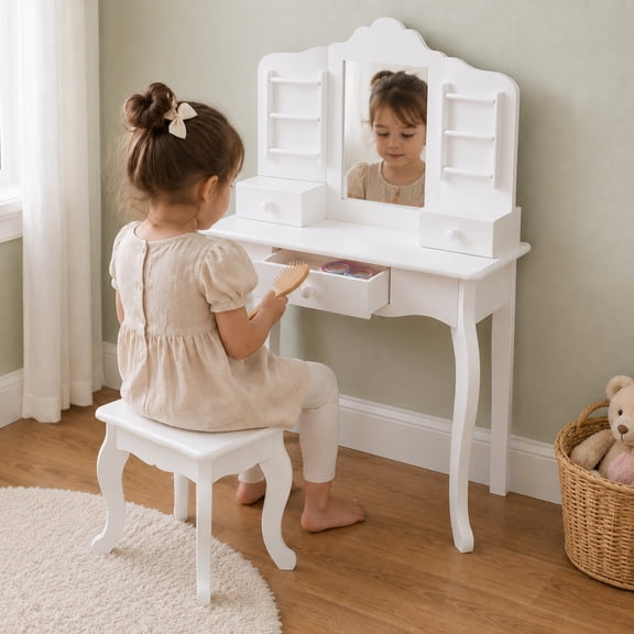 Teamson Kids Wooden Kids Vanity Table and Stool Set, Elegant White Pretend Play Set with Mirror, 3 Storage Drawers, Jewelry Hooks Little Princess Anna