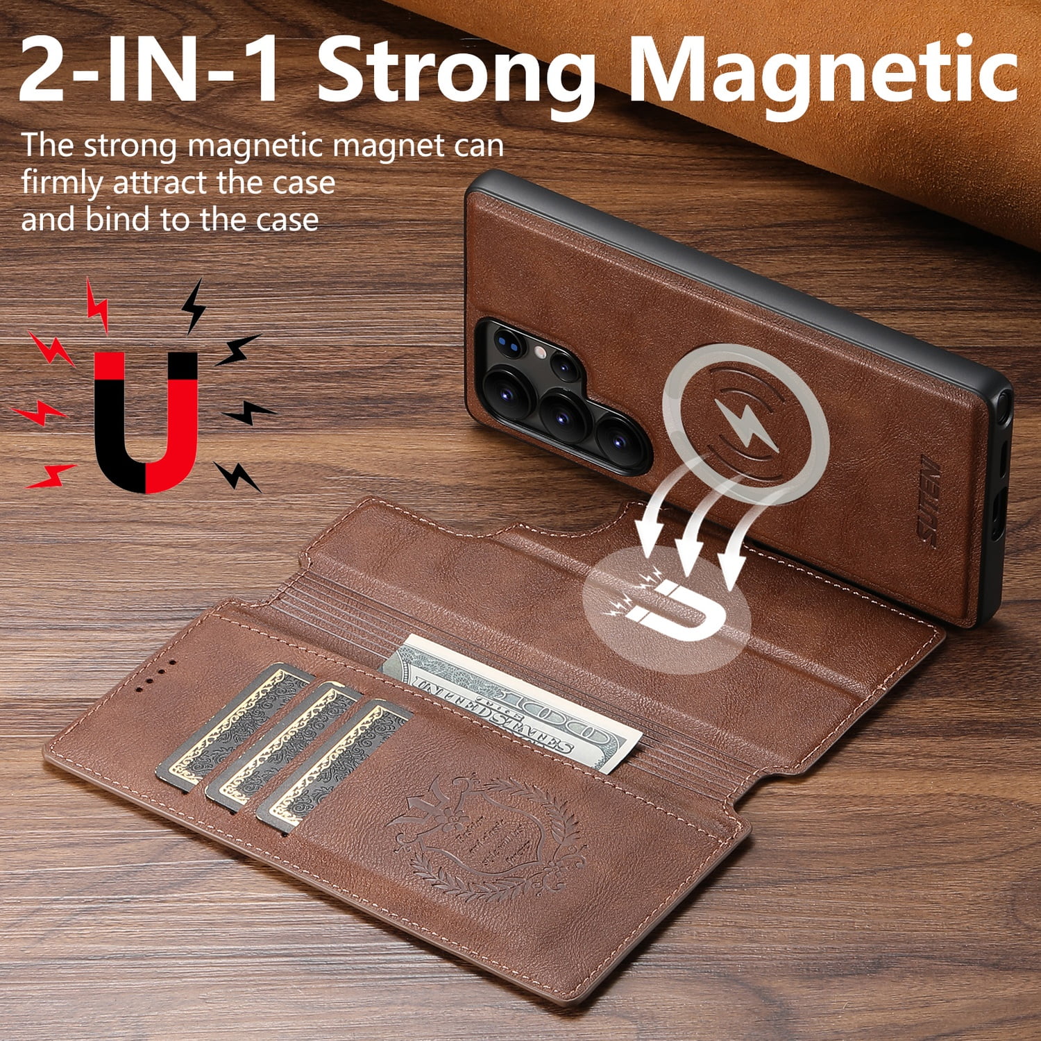 for Samsung Galaxy S24 Ultra Detachable Wallet Case, PU Leather Magnetic Cover Support Wireless Charging & Magnetic Car Mount, Card Slots Holder, Flip Stand, Folio Protective Phone Shell, Brown
