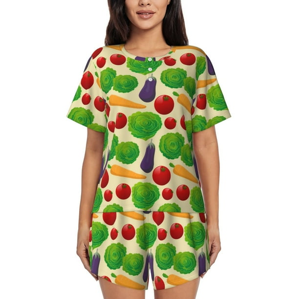 Fotbe Vegetable Conjunto de Pijama Estampado para Mujer, 2 Piezas, Ropa de Dormir con Camiseta de Manga Corta y Shorts Suaves-Medium