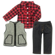 Sophia's Long-Sleeved Button-Down Buffalo Check Shirt, Black Jeggings, & Herringbone Print Zip-Up Vest for 18â€ Dolls, Red/Black