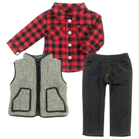 Sophia's Long-Sleeved Button-Down Buffalo Check Shirt, Black Jeggings, & Herringbone Print Zip-Up Vest for 18â€ Dolls, Red/Black