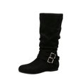 thumbnail image 2 of Women Ruched Knee High Boots, Double Metal Buckle Strap Side Zip Faux Suede Tall Boots, Low Flat Heel Slouch Long Boots Black 5.5(36), 2 of 8