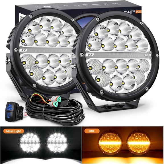 Nilight LED Offroad Driving Lights with Amber DRL 2PCS 7 Inch Round 90W IP68 Spot Flood Combo Work Light Bar with 12 AWG DT Connector Wiring Harness Kit for 4x4 Truck ATV UTV SUV