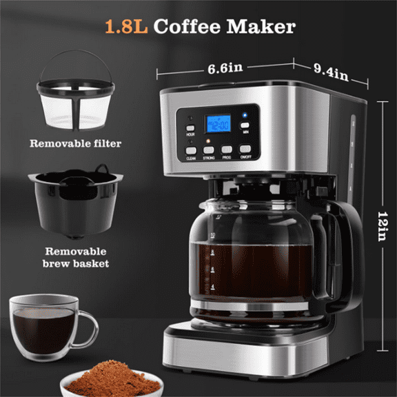 12-Cup Programmable Coffee Maker, Regular & Strong Brew Drip Coffee Machine for Home and Office, Glass Carafe, Pause & Serve, Auto Shut Off, Black & Stainless Steel