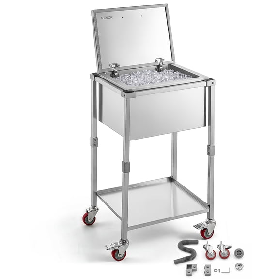 VEVOR Rolling Ice Chest Cooler Cart Stainless Steel Cooling Bin 57.7 Quart, Outdoor Stand Up Cooler Trolley with Wheels, Flip Lid, and Shelf, for Patio Backyard Party Bar Cold Drinks, 22x17.9x39.5 in