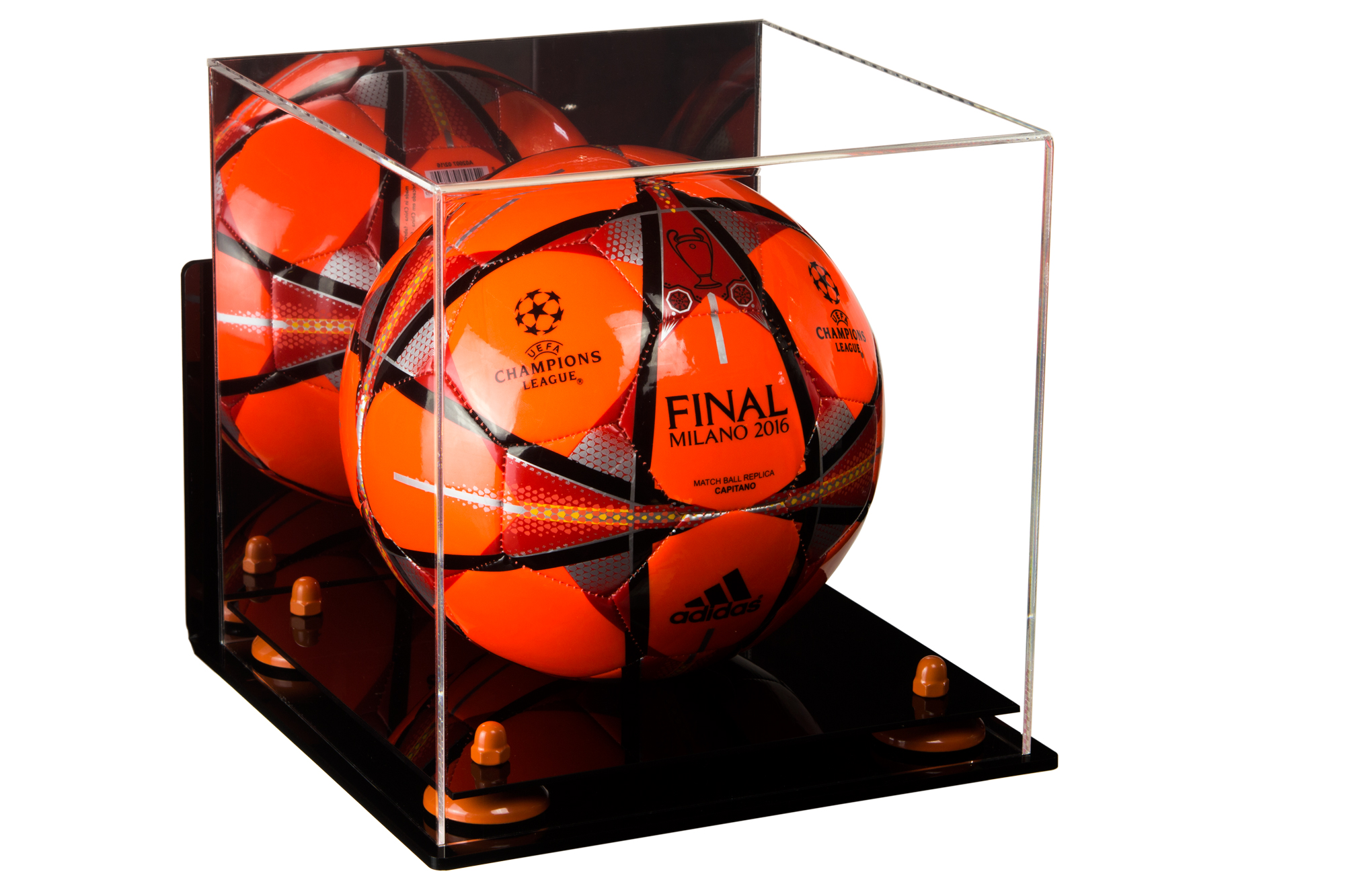 Deluxe Acrylic Soccer Ball Display Case with Orange Risers, Mirror and Wall Mount (A027OR