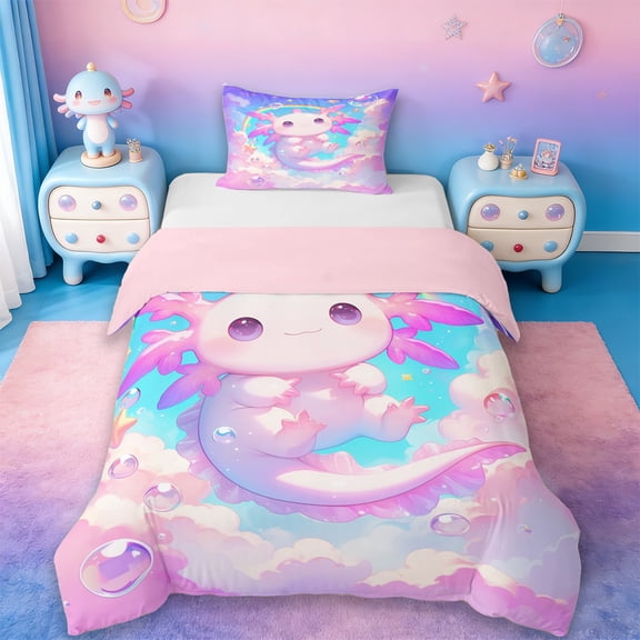 Erosebridal Cute Animals Axolotl Twin Bedding,Kawaii Rainbow Stars Duvet Cover Set For Girls Kids 2 Pieces,No Comforter,Reversible