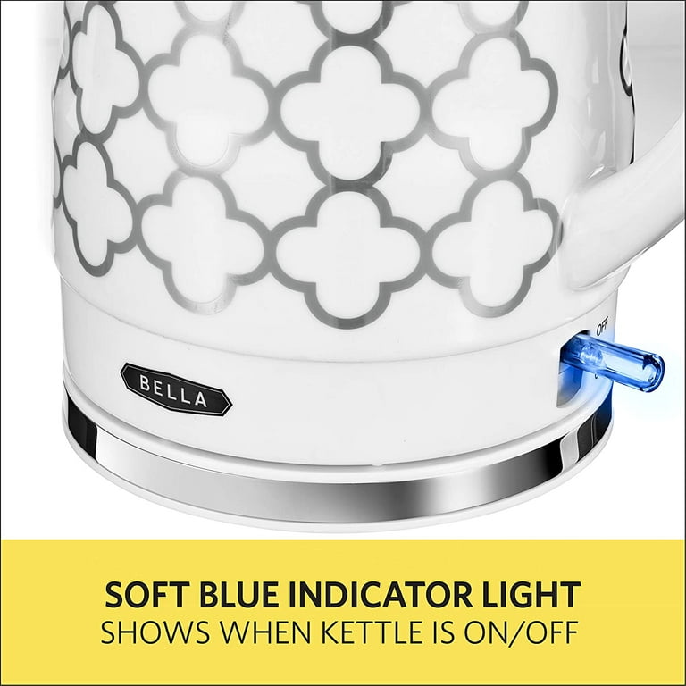 BELLA 1.5 Liter Electric Ceramic Tea Kettle with Boil Dry Protection &  Detachable Swivel Base, Silver Foil