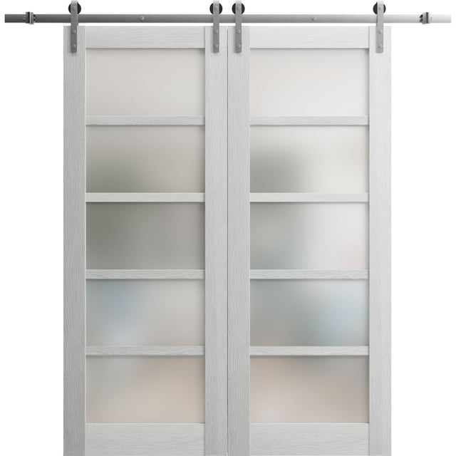 Sturdy Double Barn Door 60 x 84 inches | Quadro 4002 Light Grey Oak with Frosted Glass | 13FT Rail Hangers Heavy Set | Solid Panel Interior Doors