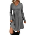 thumbnail image 3 of WMTBSRSW Womens Fall Long Sleeve Dress Ribbed Knit V Neck Flowy A Line Mini Sweater Dresses Casual Empire Waist Pleated Dress Dark Gray X-Large, 3 of 9