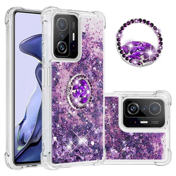 Funda para Xiaomi 11T/11T Pro 5G con Brillo Líquido Flotante, Purpurina, Parachoques y Anillo Giratorio Soporte