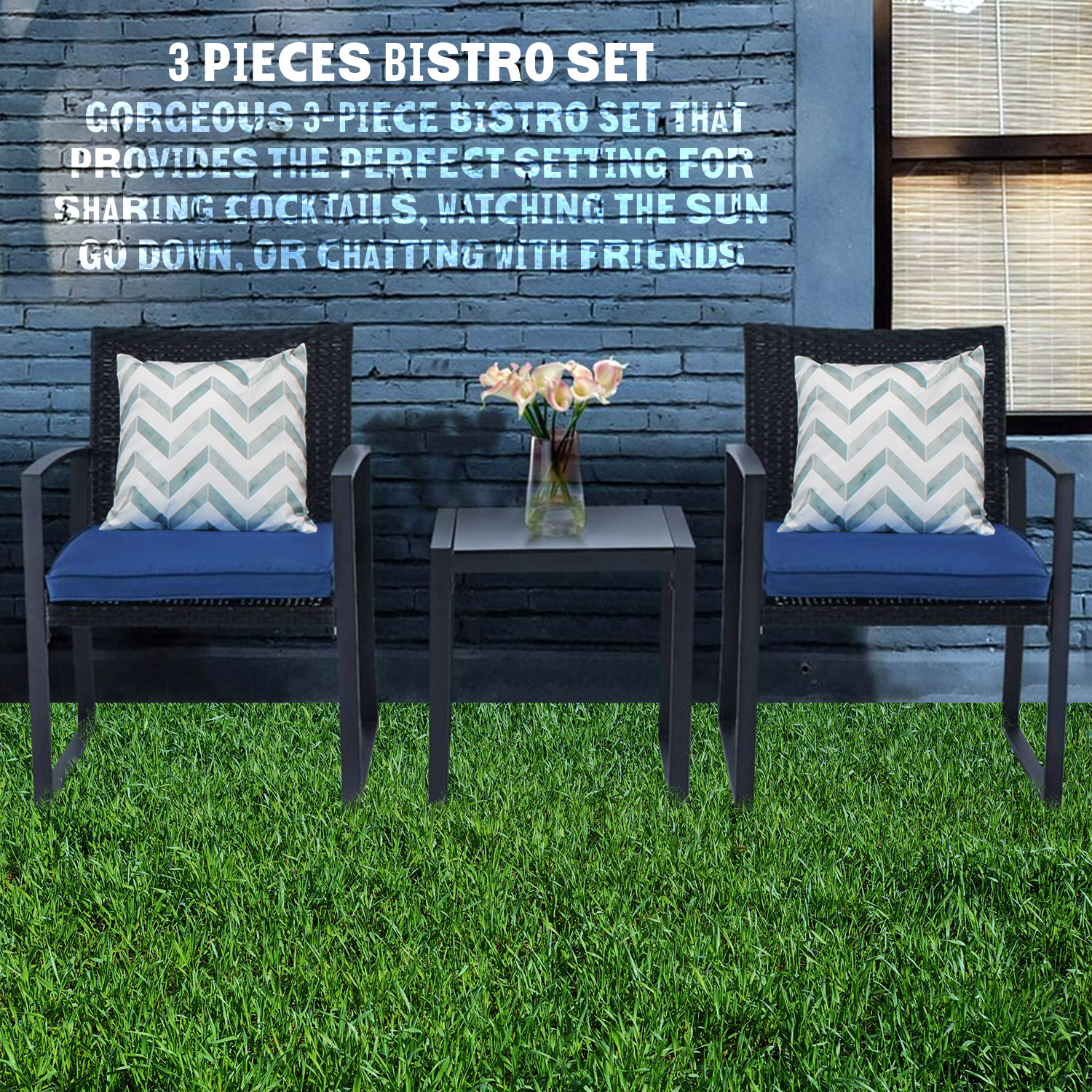 PyramidHomeDecor Black Wicker Furniture - 3 Piece Bistro Set for Outdoor Conversation - 2 Cushioned Rattan Chairs with Glass Coffee Table for Patio, Lawn, Porch, Lounge, Deck, Balcony & Living Room - image 3 of 7
