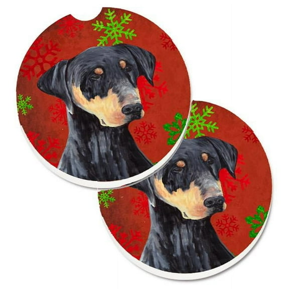 Doberman Red & Green Snowflakes Holiday Christmas Set of 2 Cup Holder Car Coaster