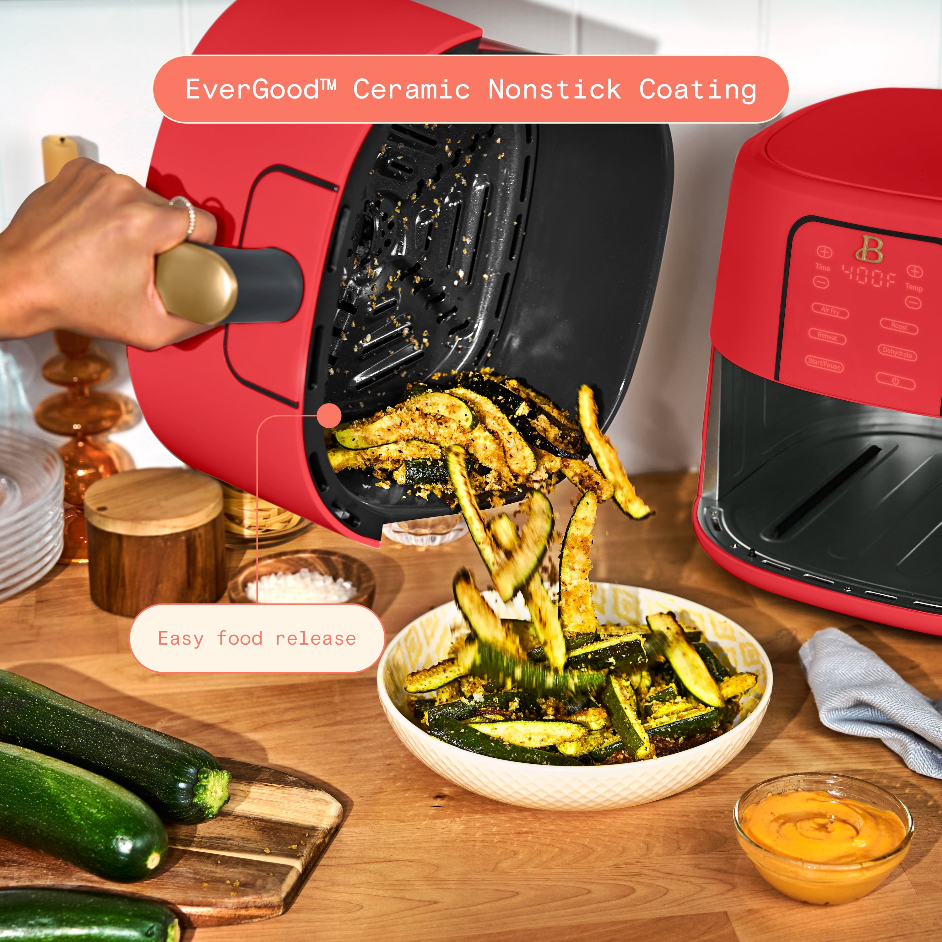 Beautiful 6 Qt Air Fryer with TurboCrisp Technology, EverGood Ceramic Nonstick Coating, Tomato Red by Drew Barrymore