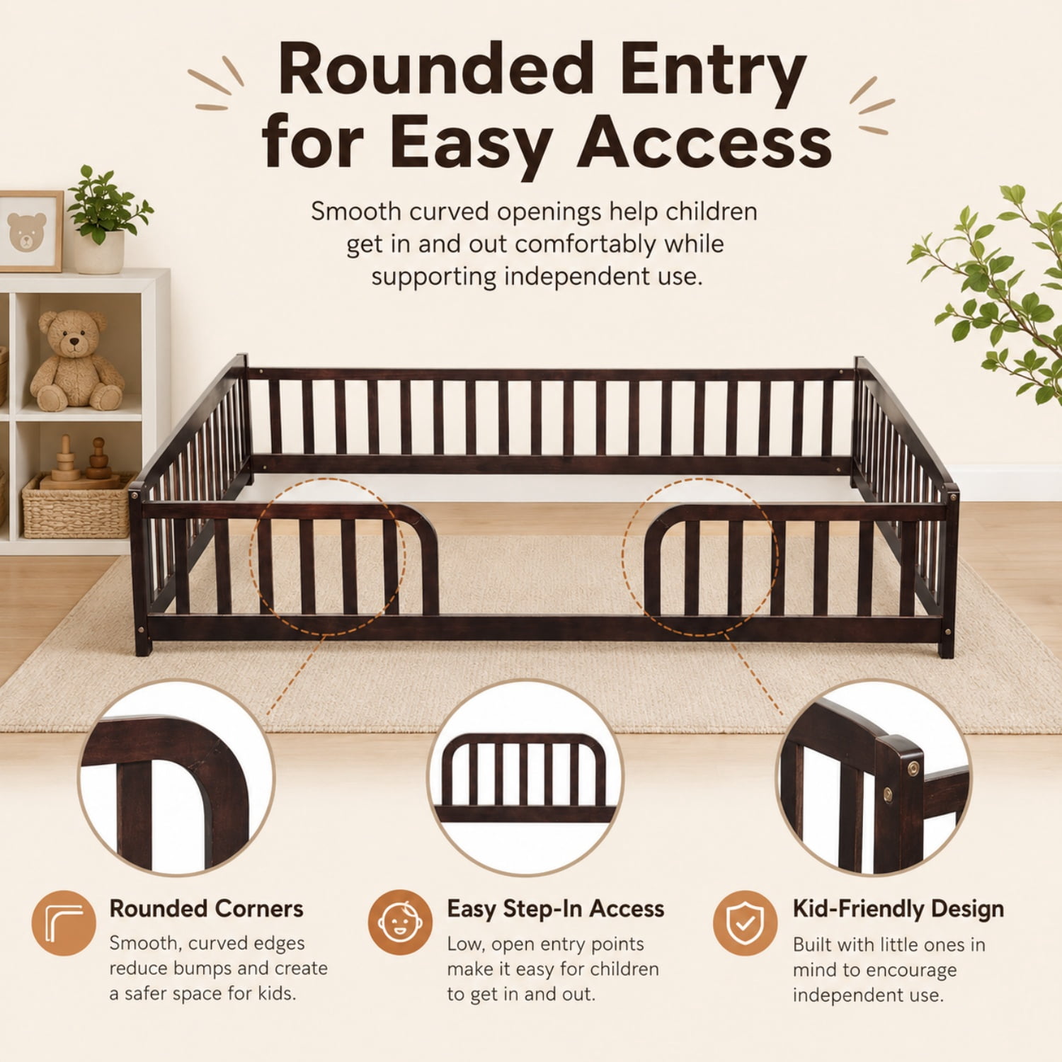 Miniyam Full Size Floor Bed with Guardrails, Low Profile Wooden Kids Bed Frame with Rounded Entrance, Espresso