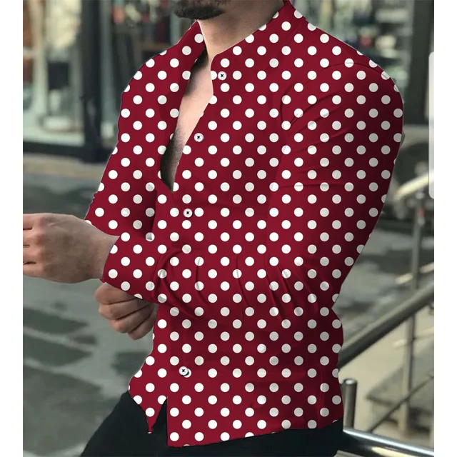 Camisa hawaiana para hombre con botones, manga larga, solapa de lunares, ropa de calle para exteriores, moda informal, transpirable y cómoda