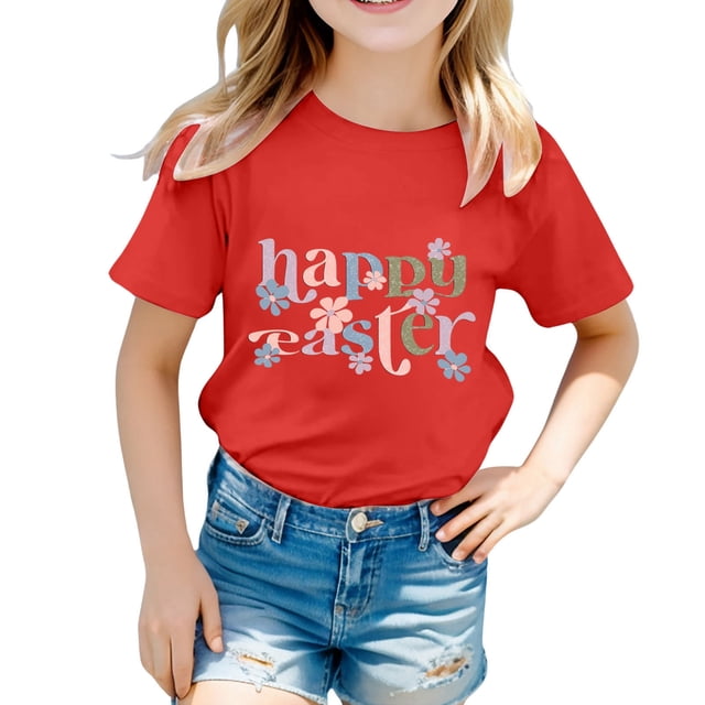 PMVFHDE T-Shirt pour Filles T-Shirts Graphiques Mignons Hauts d'Été pour Filles Enfants Pâques T-Shirt Graphique Mignon Col Rond Manches Courtes T-Shirt Décontracté d'Été Rouge, 3-4 Ans