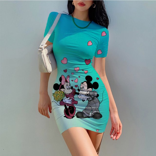 2022 Disney Minnie Mickey Mouse cartoon print Dress Summer Little Sexy Round Neck short sleeve Dress High Waist Tight PartydressXL Gao Jinjia LED