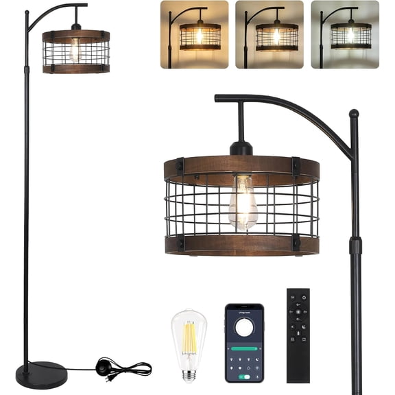 Newest 73” Rustic Farmhouse Arc Floor Lamp with Remote, 3-Color Dimmable LED & Wood/Metal Shade for Living Room