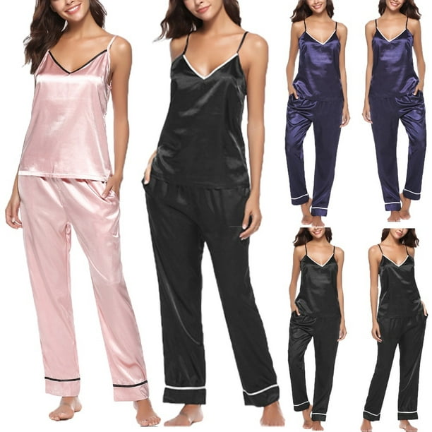 Women's Sleepwear Silk V- Neck Sleeveless Top Pajamas Pant Set Nightwear 
