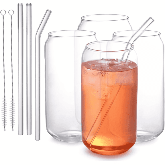Glass Cups with Lids and Straws 4 pcs,16 oz Glass Cups for Coffee Bar Accessories Iced Coffee Cups with Lids,Drinking glasses Set,Coffee Cups Glass Tumbler with Straw and Lid for Gifts