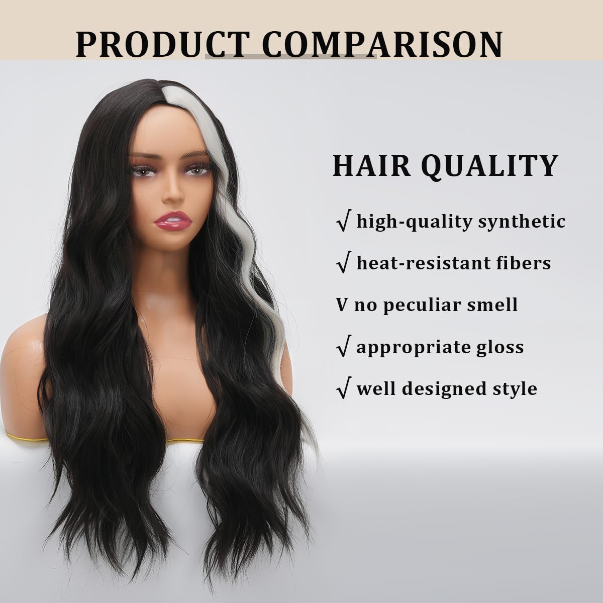 Long Wavy Black White Wigs for Women 26 Inch Middle Part Curly Wavy Wig Natural Looking Synthetic Heat Resistant Fiber Wig for Daily Party Use