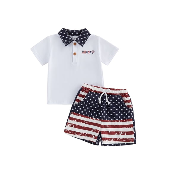 BemeyourBBs Toddler Baby Boy 4th of July Outfit Baby Boys Patriot Independence Day Clothes Short Sleeve Lapel Collar America Flag Firework Print Shirt Tops and Shorts Set Baby Boy Summer 2Pcs Outfit