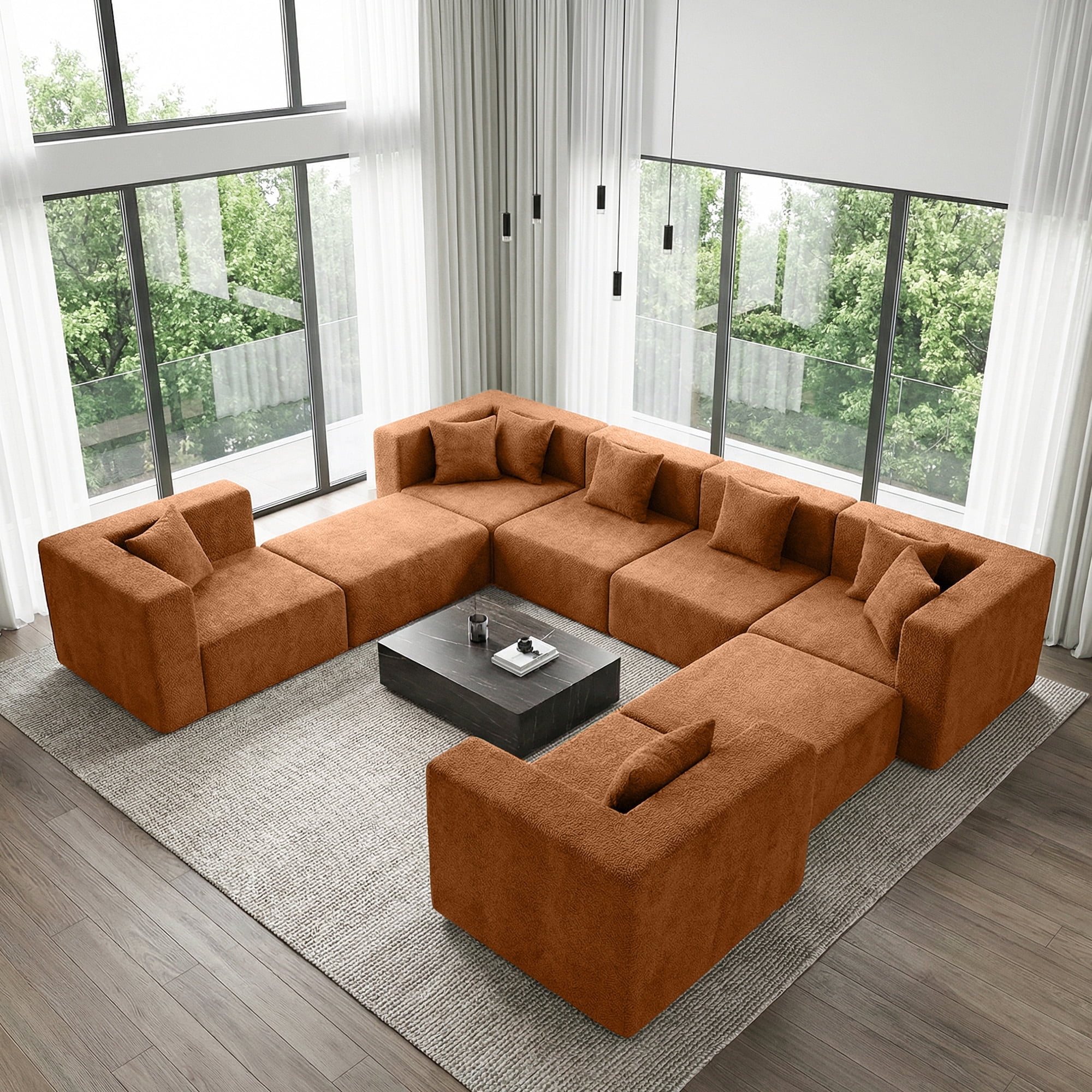 BEHOST 130" 8-Piece Modular Sectional Sofa with Ottomans, U-Shaped Pit Couch for Living Room, ModernTeddy Fabric Cloud Couch Set, Large Sleeper Sofa with Deep Seats, Rust Red
