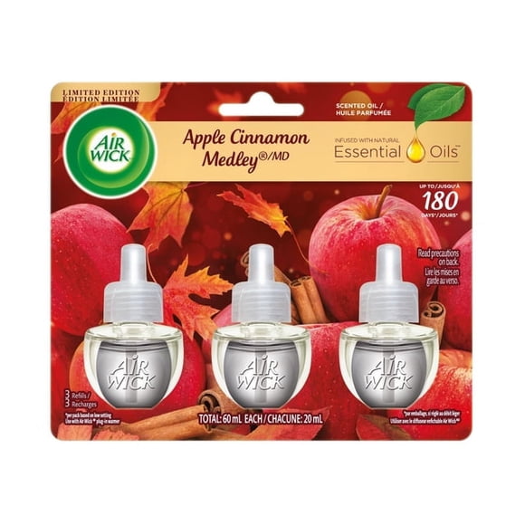 Air Wick Plug-in Air Freshener, Scented Oil Refills, Apple Cinnamon Medley, 3 Refills