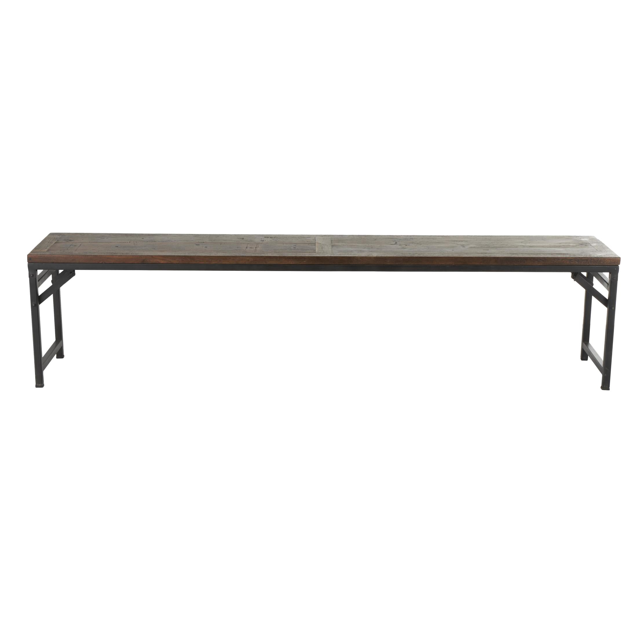 DecMode Teak Wood Long Bench with Black Metal Legs, Dark Brown