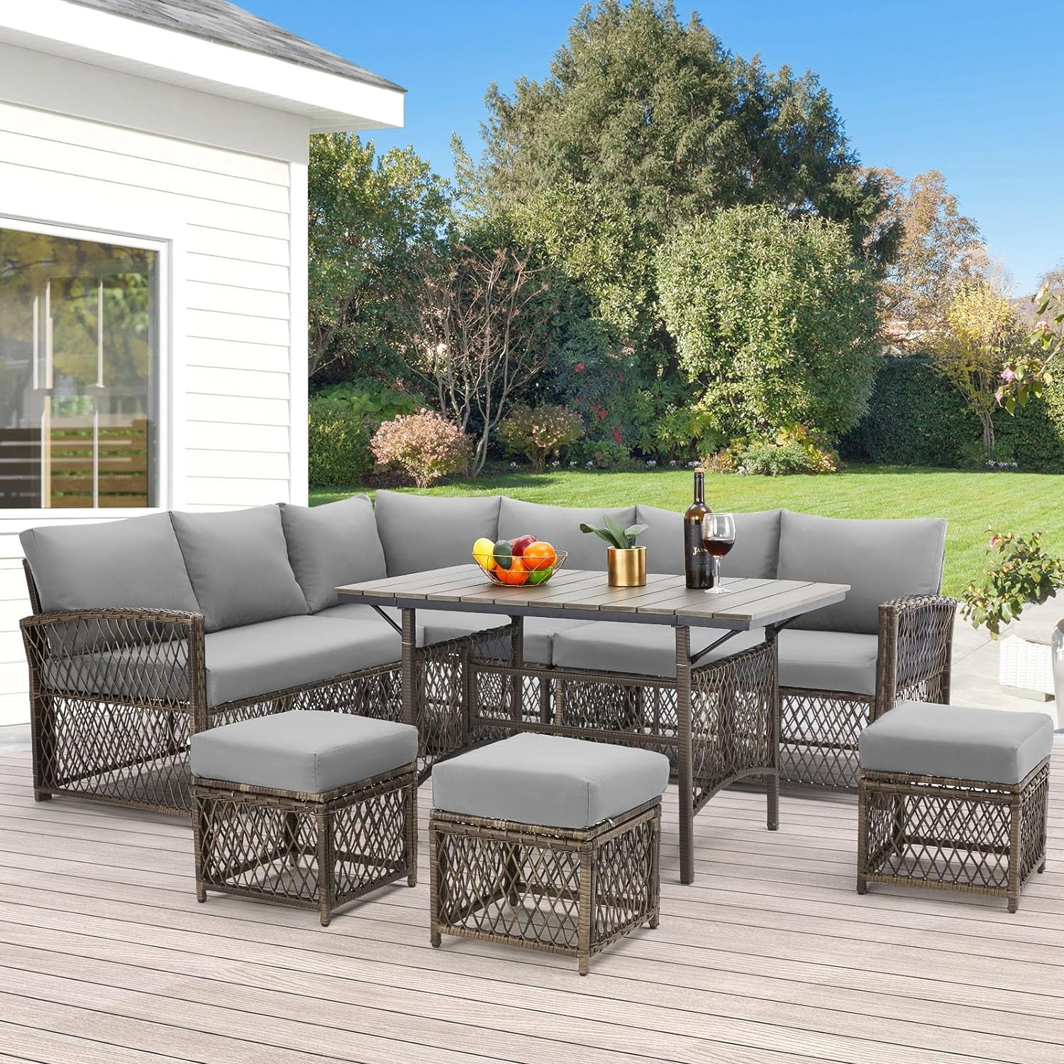 AECOJOY Patio Furniture Set with Cover, 7 Pieces Wicker Outdoor Sectional Sofa with High Table and Chairs, All Weather PE Rattan Conversation Dining Set with Ottoman, Grey Cushions