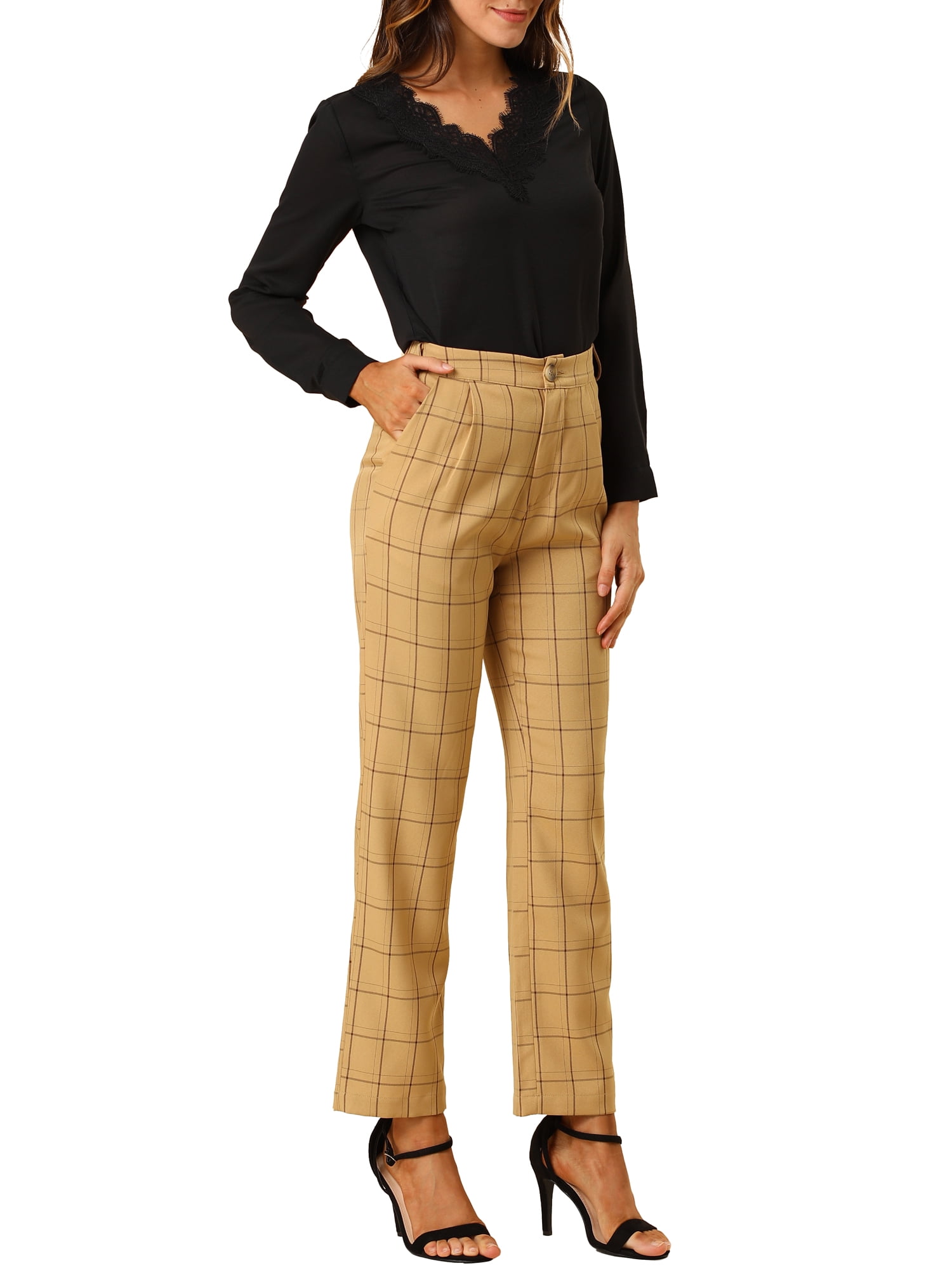 DARING DIVA Women's Plaid Trousers Pockets Straight Leg Casual Pant L Dark Khaki