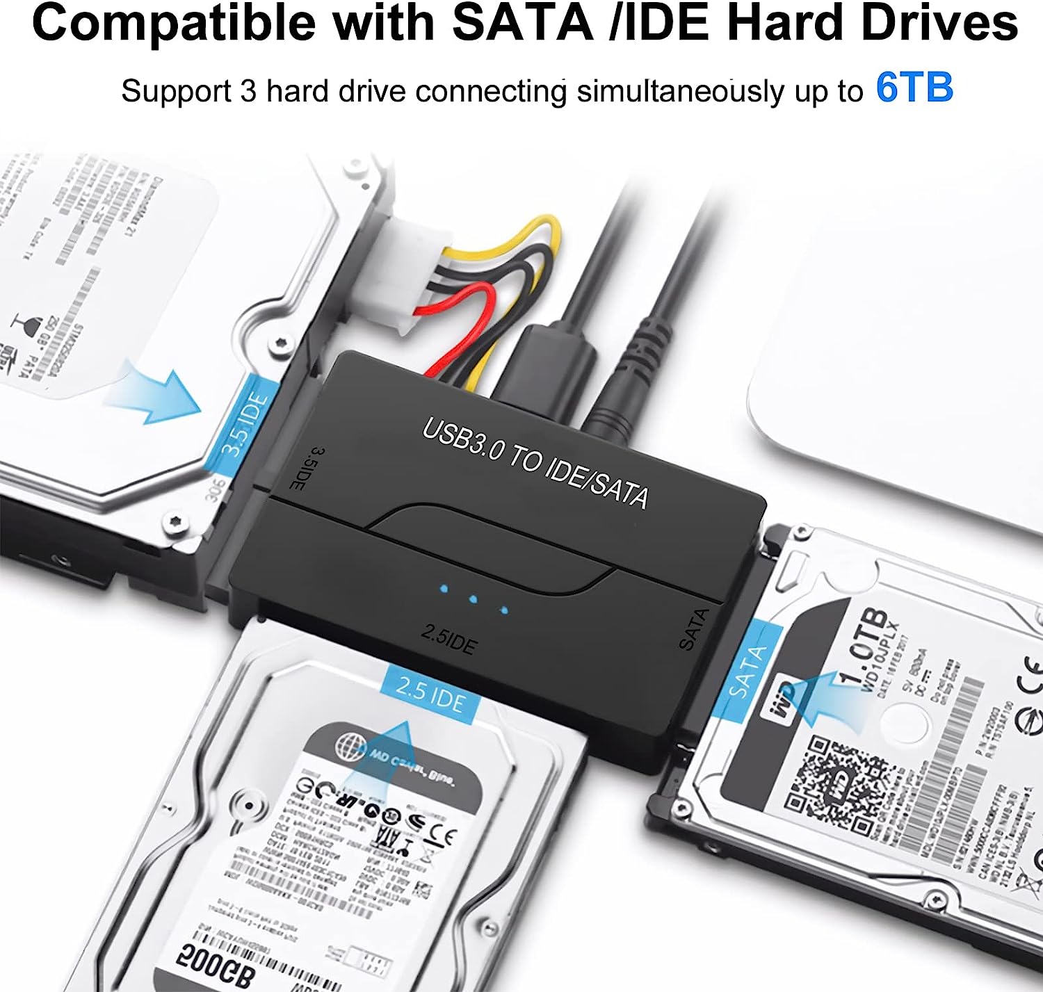 AUBEAMTO USB 3.0/USB C to SATA and IDE Adapter, External Hard Drive Ultra Recovery Converter for Universal 2.5 3.5 IDE and SATA HDD SSD, 5.25-inch DVD/CD-ROM Optical Drive, Easy to Use