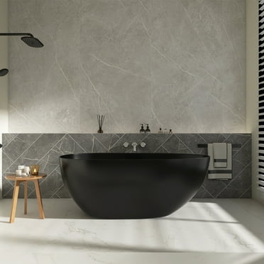 59" Freestanding Solid Surface Resin Stone Bathtub, Modern Design Stand Alone Tub, Matte Black
