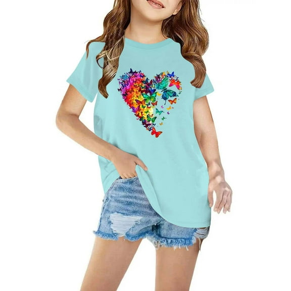 Nskgu Girls Short Sleeve T Shirts Girls Tops Kids Summer Tops Crewneck Cute Tees Tops Graphic Printed Blouses 4-13 Years