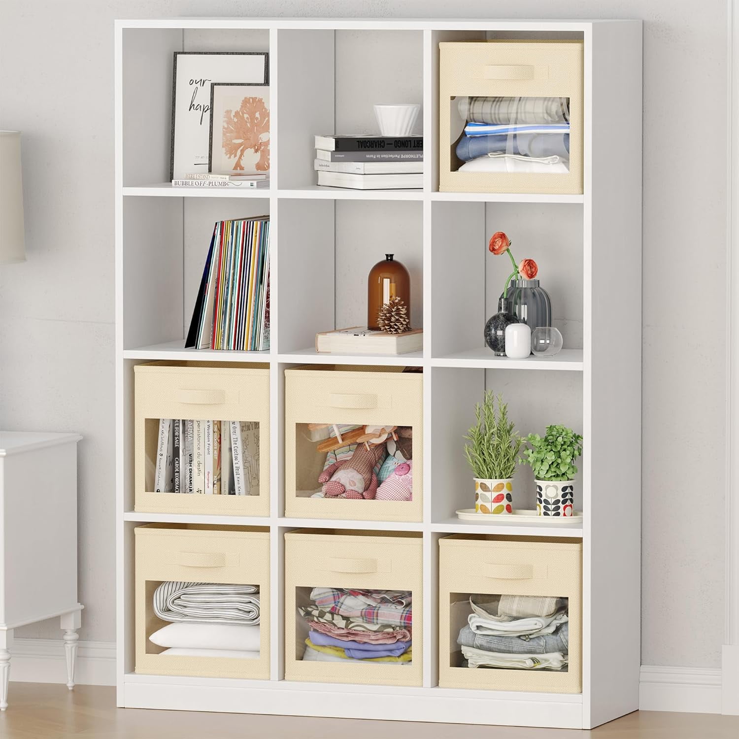 SpaceAid Storage Cubes with Clear Windows, Set of 6 Fabric Bins, 11 Inch, Beige