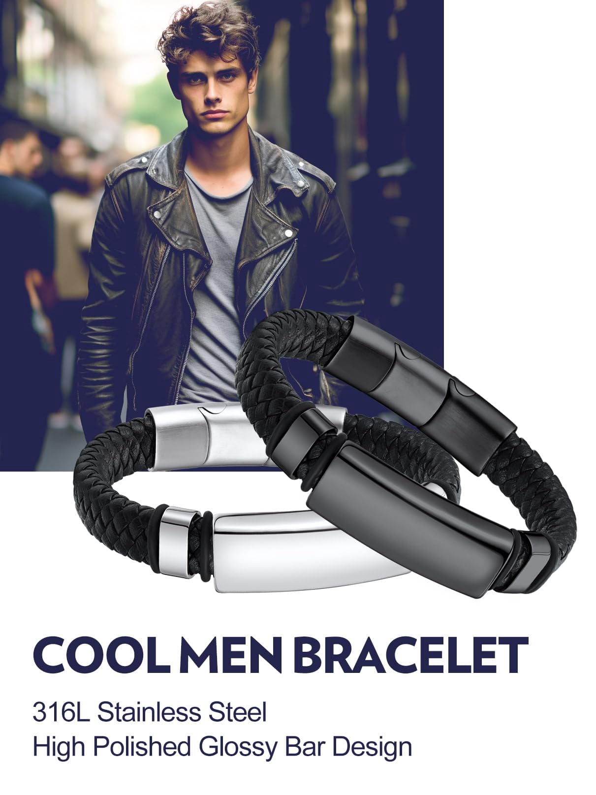 Bandmax Men's ID Bar Cuff Bracelet Black Wax Rope Chunky Wristband Braided Bracelet with Adjustable Buckle Birthday Father Day Gift for Dad Son Husband Grandpa