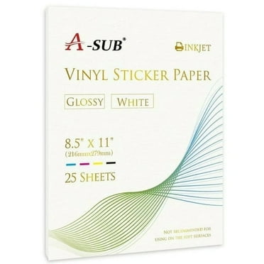 A-SUB Printable Vinyl Sticker Paper for Inkjet Printer, 25 Sheets Waterproof Glossy White Sticker Paper 8.5x11