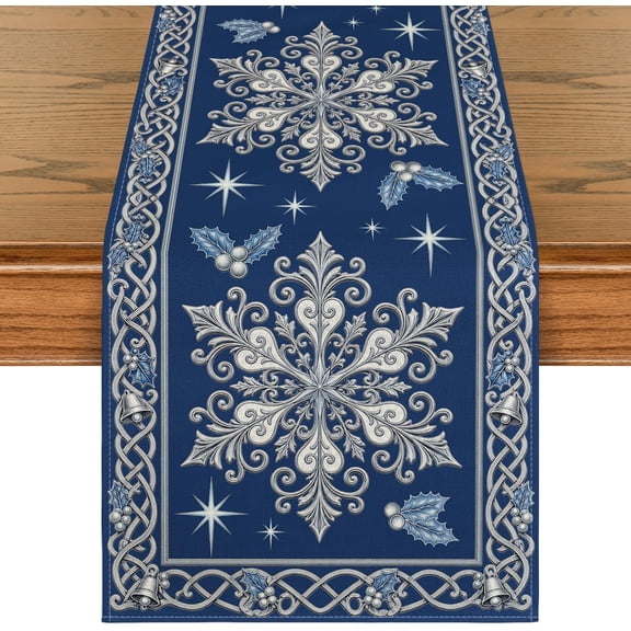 Christmas Table Runner, Blue Silver Ornate Snowflake Holly, Seasonal Winter Kitchen Dining Table Decoration for Home Party Decor 13x72 Inch