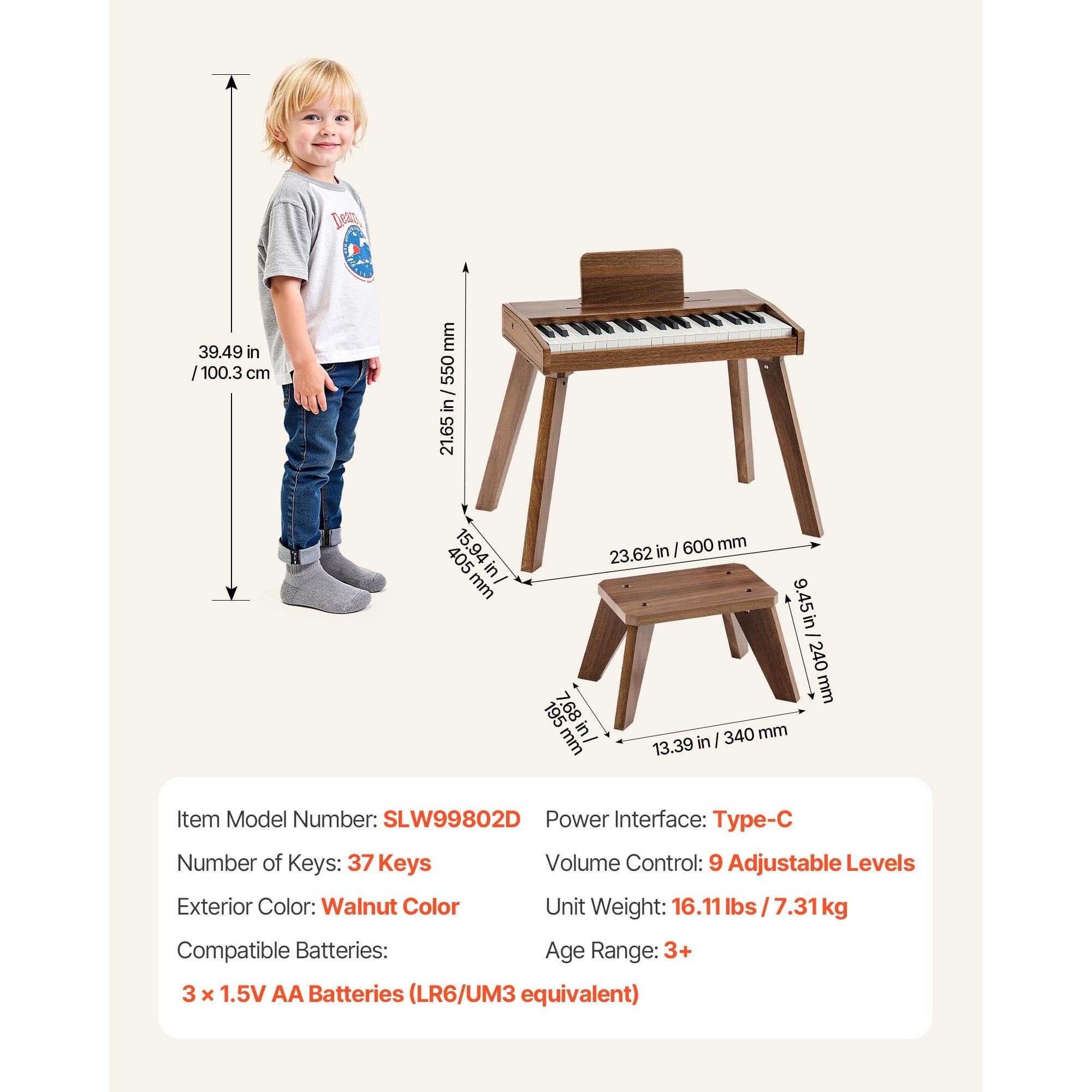 KFFKFF 37-Key Wooden Digital Piano for Kids, Mini Educational Music Instrument with Realistic Sound, Dual Power Options, Adjustable Volume, Ideal for Toddlers and Young Learners, Walnut Finish
