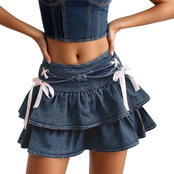 FEIFLY Women High Waist Denim Mini Skirt With Bow Tie Belt And Flowy Pleated Design Casual Style Boho Carnival Skirts Work Business Holiday Solid Color Daily Wear