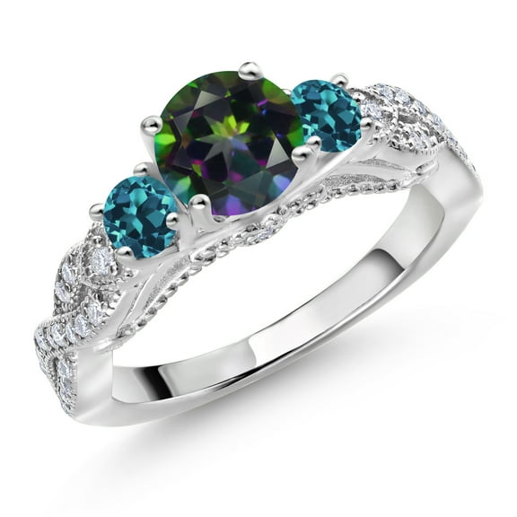 Gem Stone King 925 Sterling Silver Green Mystic Topaz London Blue Topaz and White Moissanite Engagement Ring for Women (1.53 Cttw, Gemstone, Round 6MM and 3MM, Size 9)