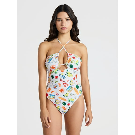 No Boundaries Kitschy Printed Halter One-Piece Swimsuit, Women’s