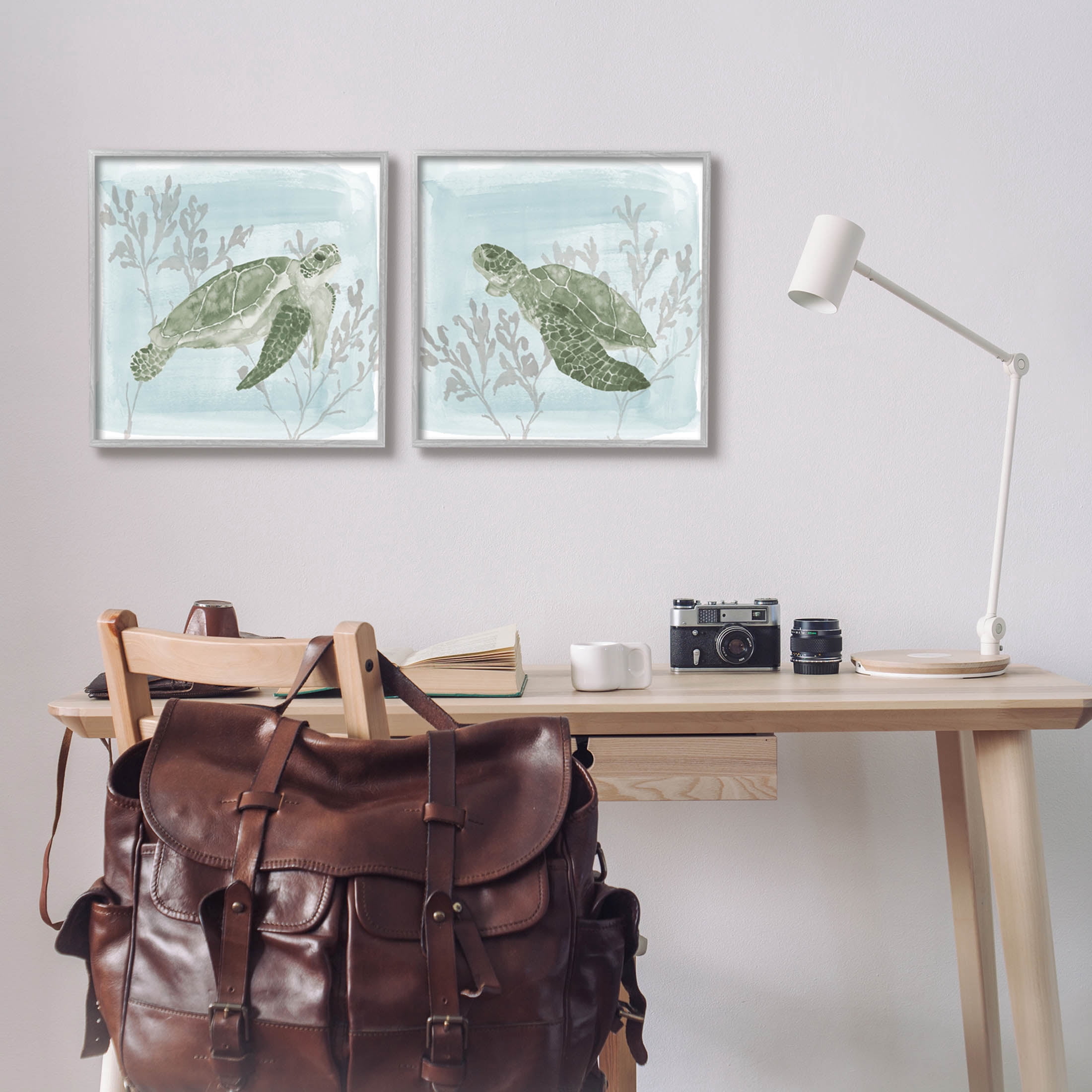 Underwater Sea Turtle Coral Landscape Animals & Insects Graphic Art Gray Framed Art Print Wall Art, Set of 2