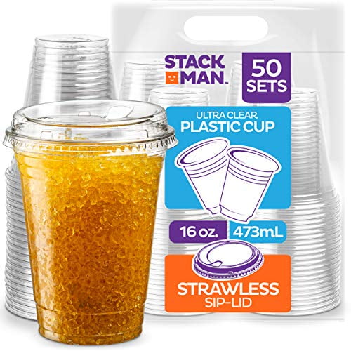 Stack Man PET16-626SL-50 16 oz. Clear Cups with Strawless Sip-Lids, [50 Sets] PET Crystal Clear Disposable 16oz Plastic Cups with Lids