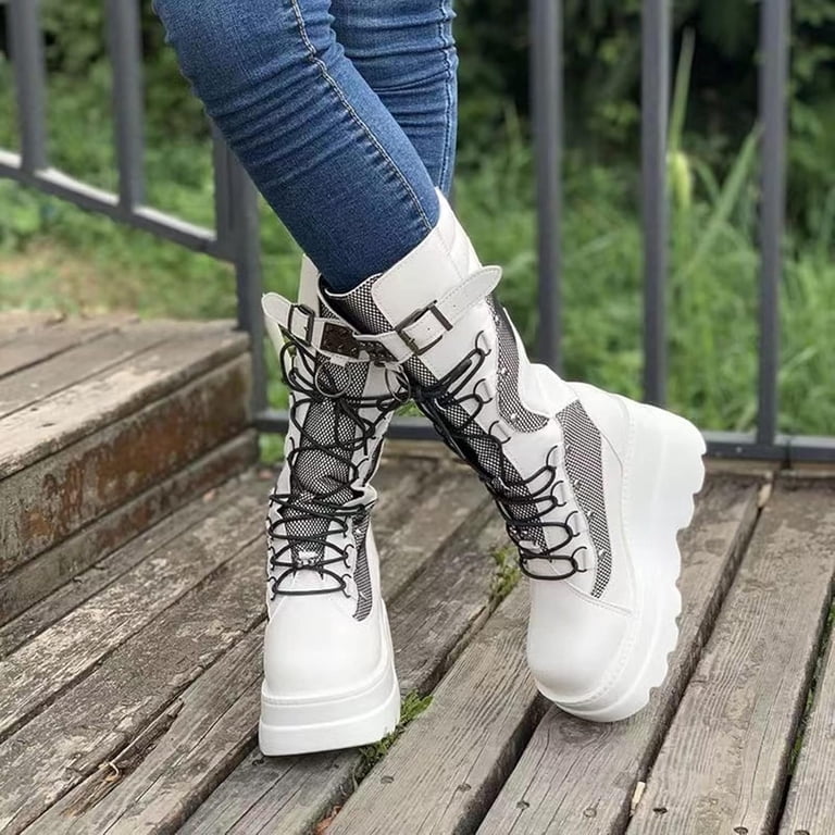 Buckle Chunky Emo Boots Women's Pointed Toe Block Mid Heels Chunky