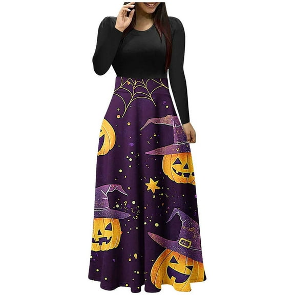 Halloween Dress for Women Long Sleeve Pumpkin Print Maxi Dress Witch Costume Fall Party Gothic Outfit