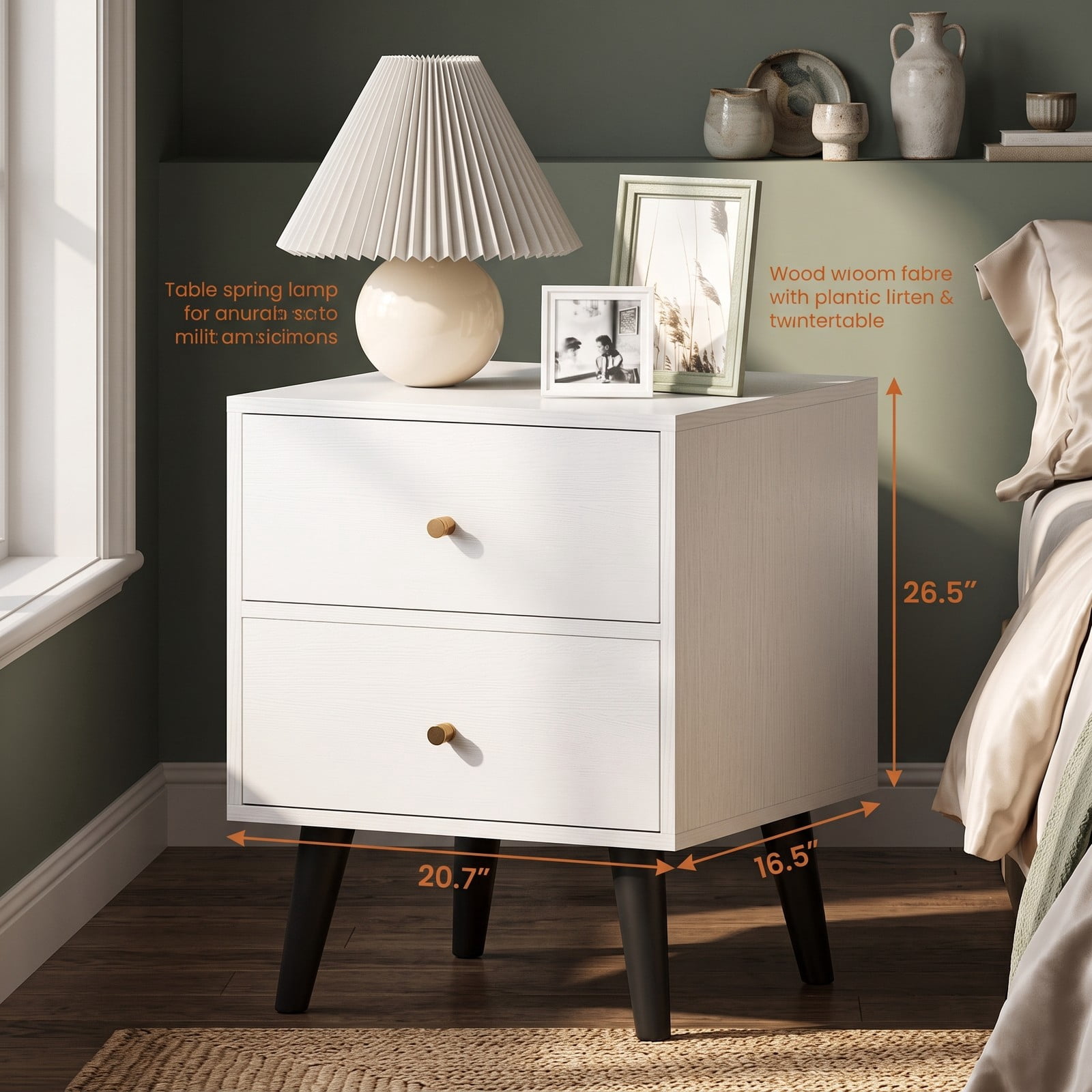 Furnibear Mid Century Nightstand with 2 Drawers and Golden Knobs and Tapered Legs for Bedside Storage in the Bedroom and Living Room, White