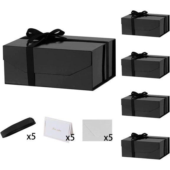 5PCS Black Gift Box with Ribbon 9.5x7x4 Inches，Sturdy Gift Box with Lid for Gift Packaging, Foldable Magnetic Closure Storage Boxes, Bridesmaid proposal box, Rectangle Collapsible Box